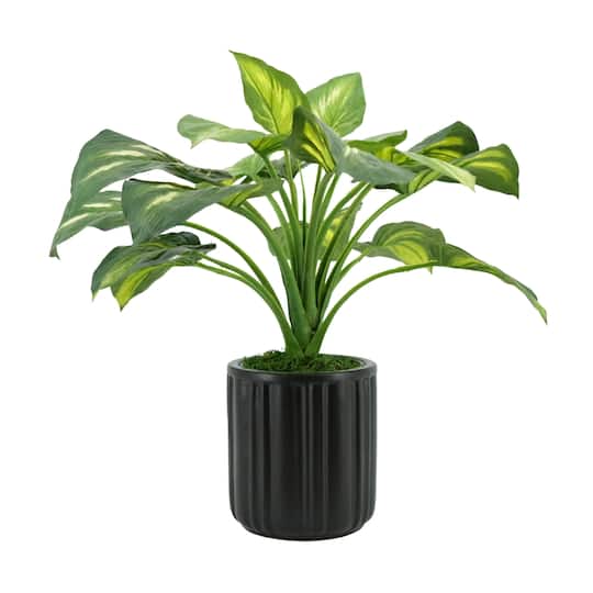 House of Silk Flowers 24" Small Faux Hosta in Classic Matte Black Ceramic Planter